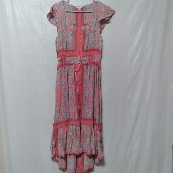 Lucky Brand Midi Dress Coral Blue Border Print Felice Boho Medium - Picture 2 of 16